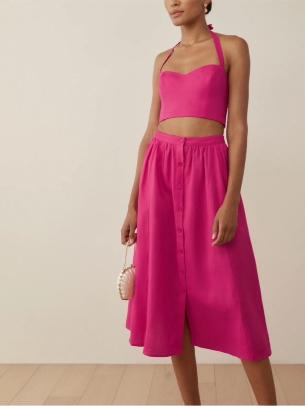 (Reformation) Hot Pink Button-Front Midi Skirt Set - Picture 3 of 9